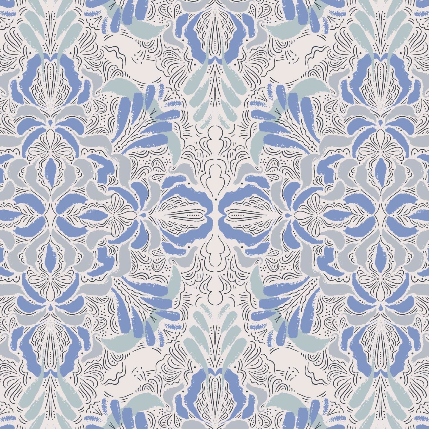Wallpaper sample of blue and light blue floral pattern.