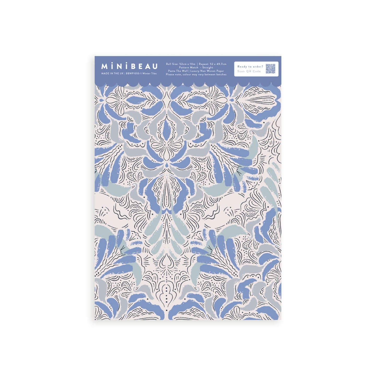 Wallpaper sample of blue and light blue floral pattern.