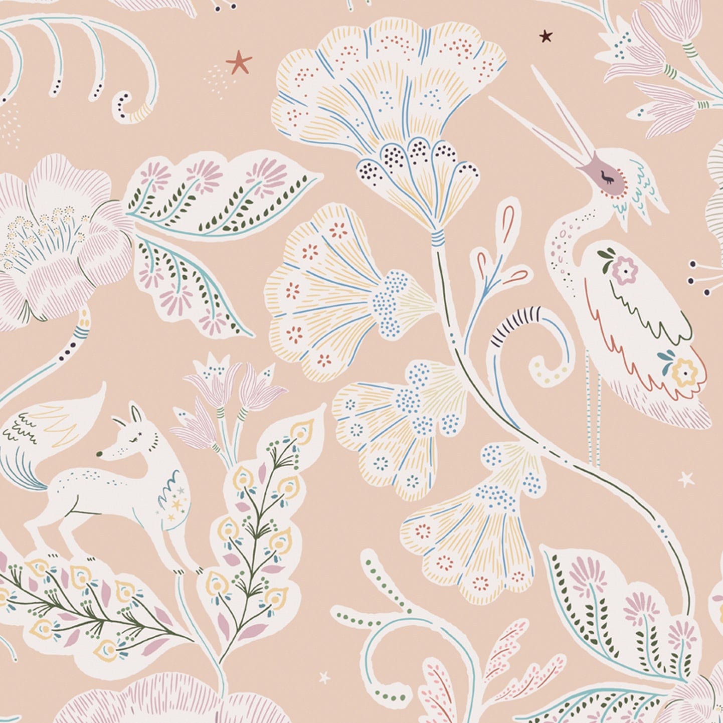 Wallpaper sample with a peach background and white animals such as storks and wolves with pretty floral patterns.