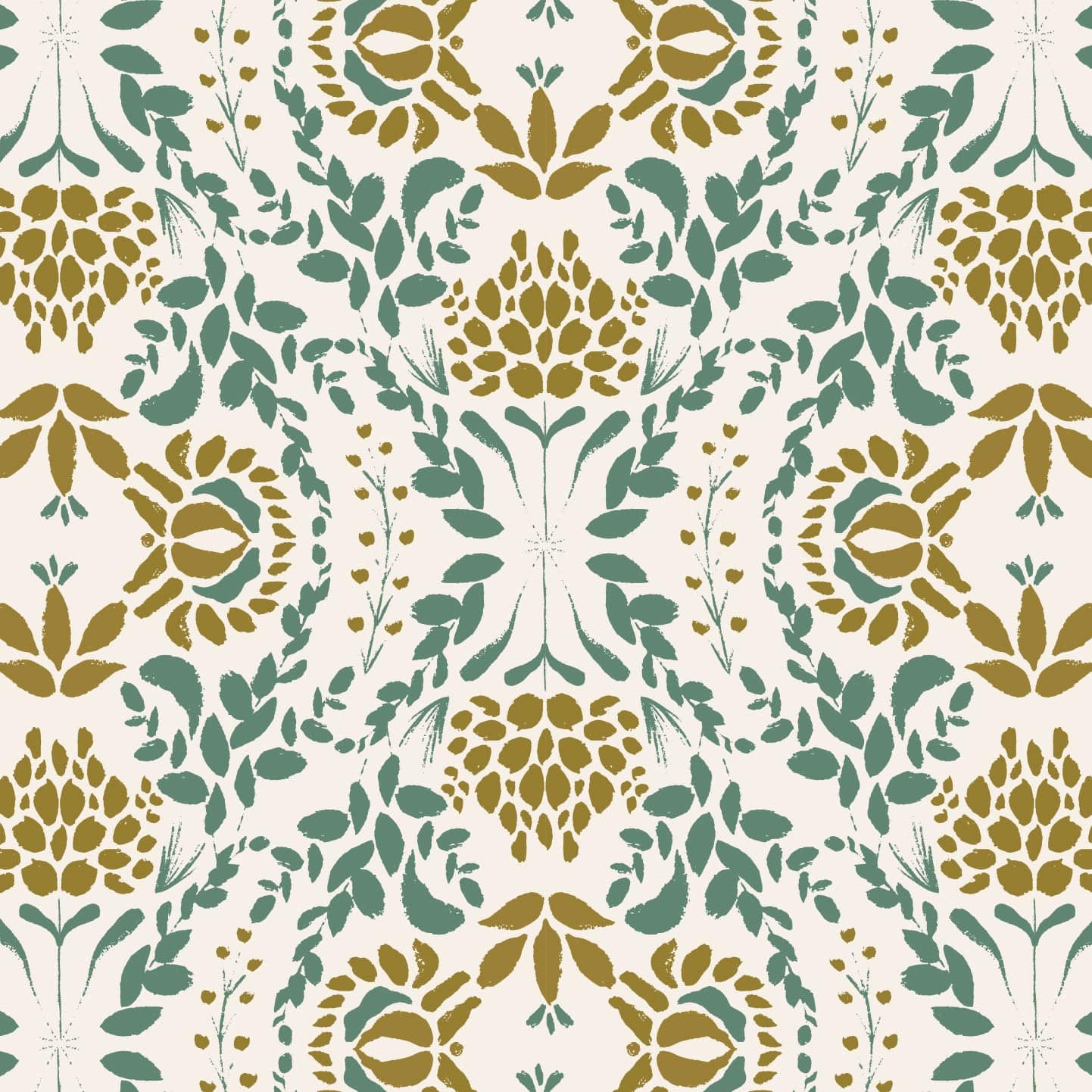Wallpaper sample of green leaves with gold flowers and cream background.