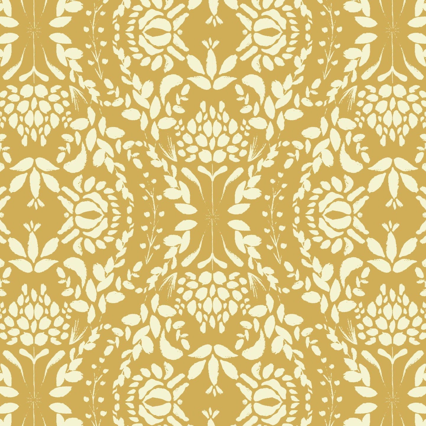 Wallpaper sample of mustard background with cream floral detailing of leaves and petals.
