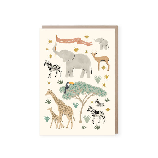 An off white card with n elephant holding a long pink/brown flag with white writing saying "welcome little one" at the top of the card with animals from our pretty Serengeti collection around them with trees, gold stars and foliage. Featuring zebras, antelope, giraffes and elephants. Comes with a brown kraft envelope