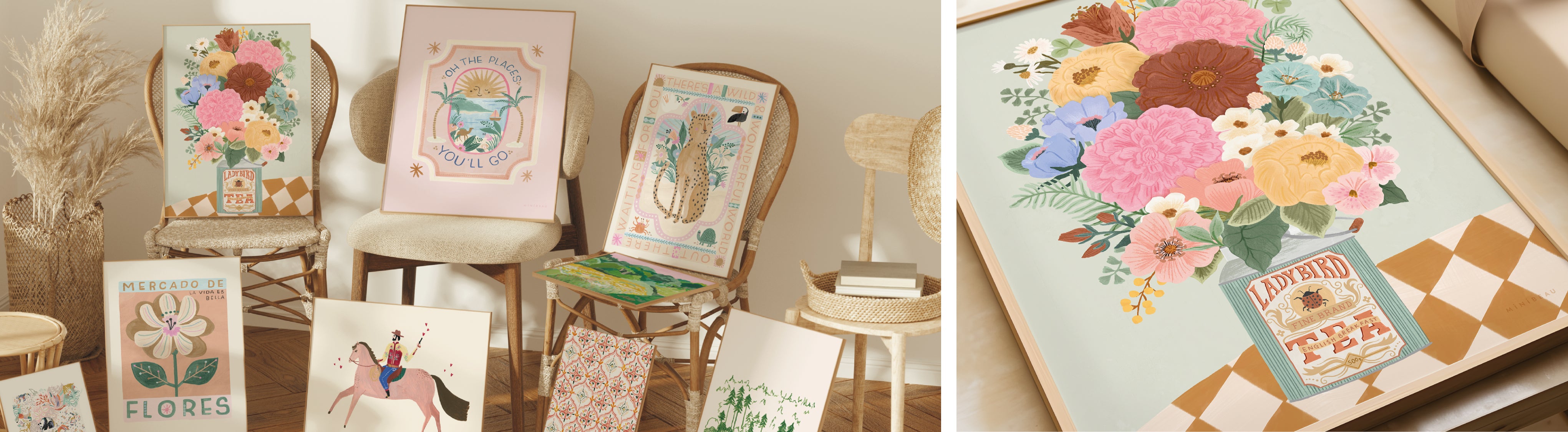 Banner showing art prints from the wild bohemia collection propped up against and on chairs