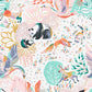 Wallpaper of a mummy panda and baby panda, a leaping deer, a fox, swan, racoon, rabbit with floral artwork surrounding.