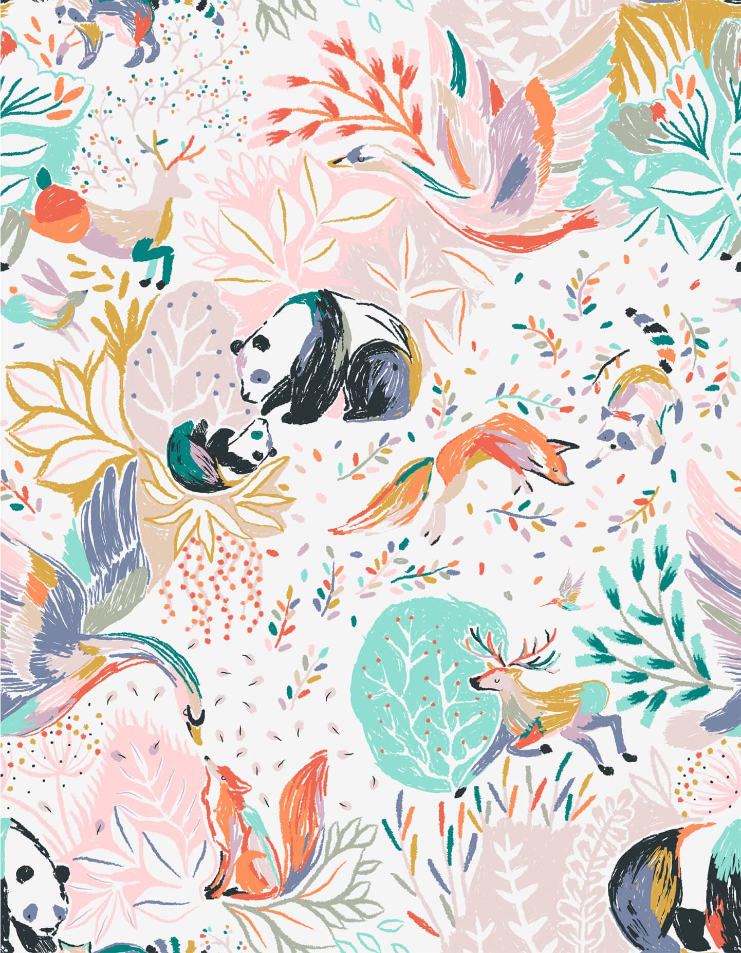 Wallpaper of a mummy panda and baby panda, a leaping deer, a fox, swan, racoon, rabbit with floral artwork surrounding.