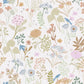 Wallpaper of soft floral artwork in pastels, neutrals. Blue birds sitting atop of some flowers.