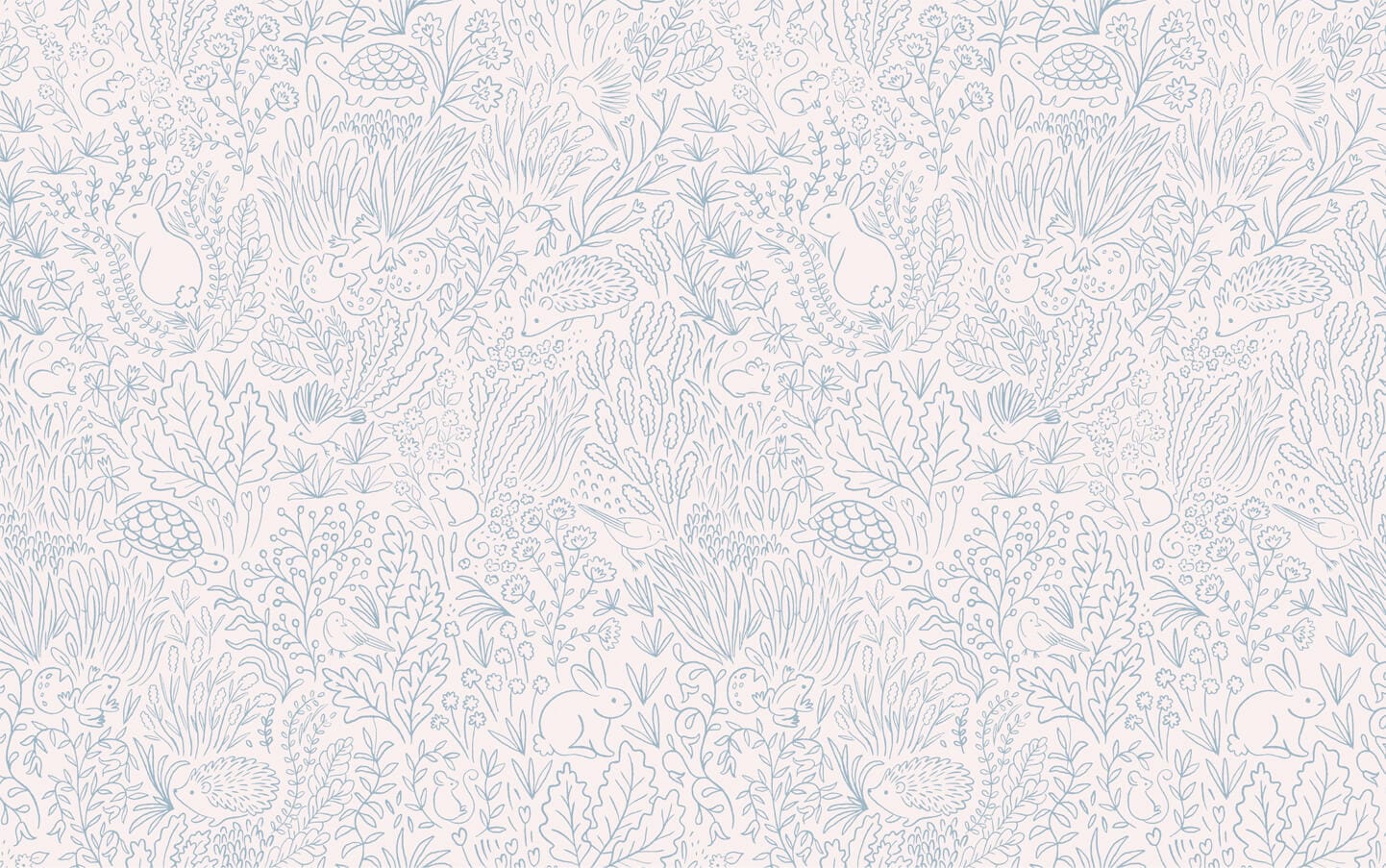 Wallpaper of blue line work animals and florals such as rabbits, hedgehogs, frogs, tortoise, mice and birds.