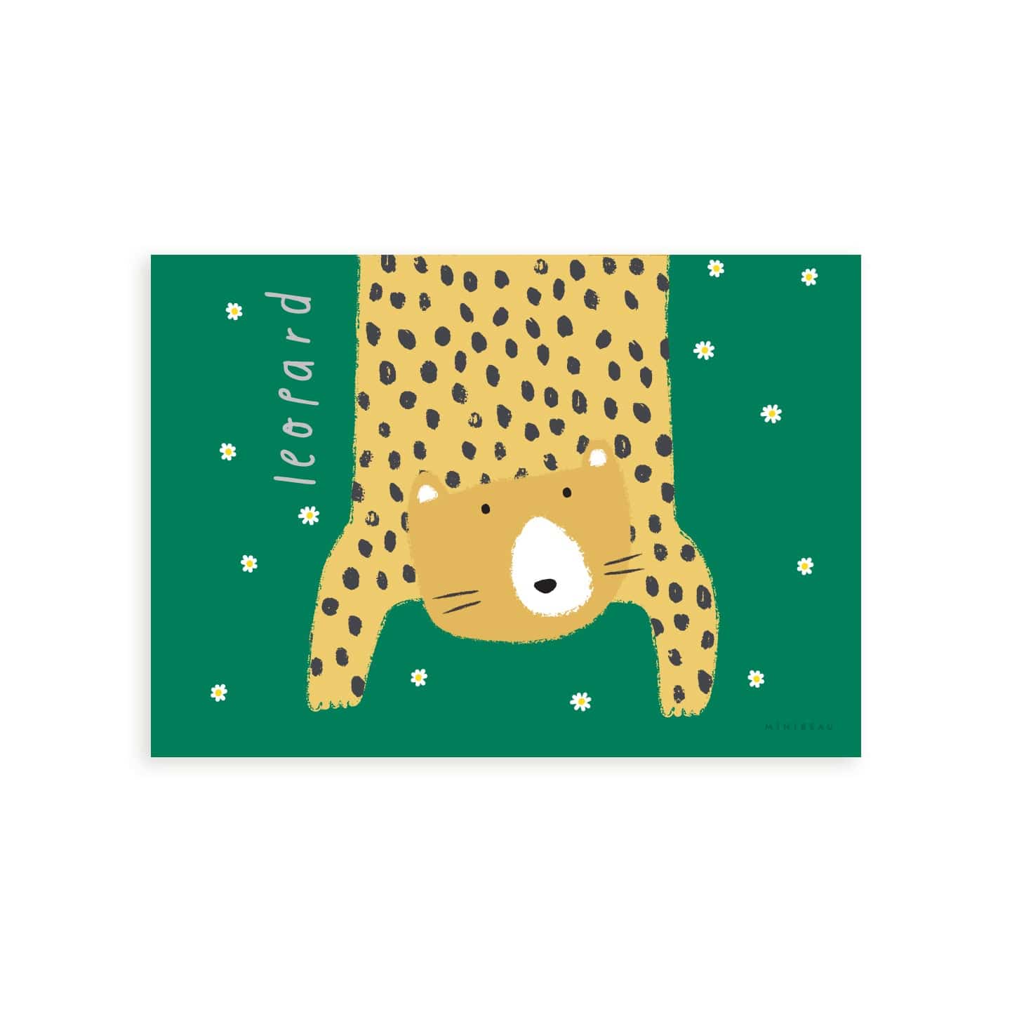 Our Leopard art print shows an hand-drawn leopard hanging down in to the picture, lifting it's head to look out at us on a green background with daisies falling.