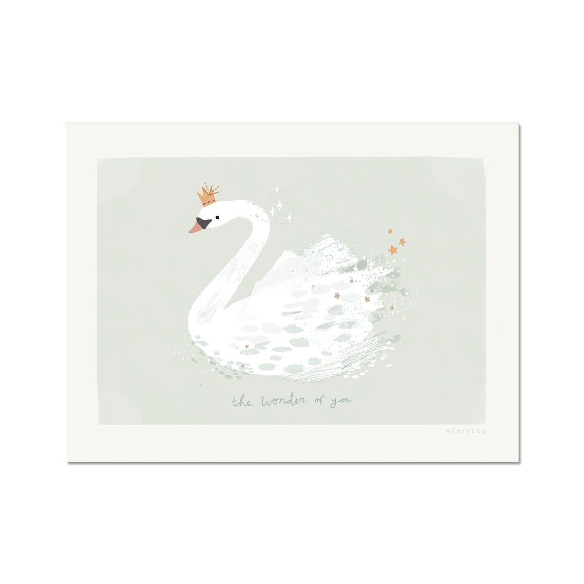 textured swan illustration on sage green ground with milk white border