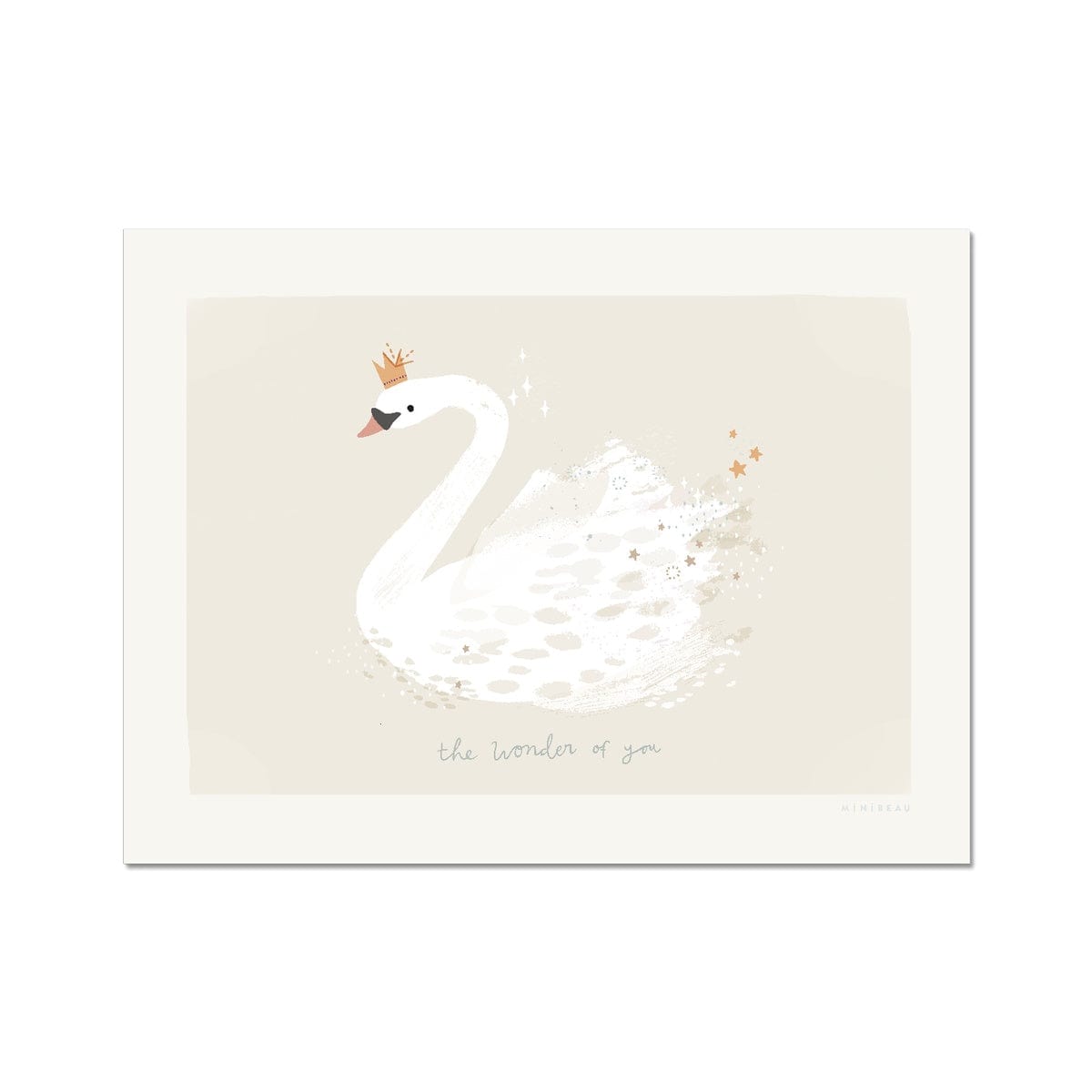 textured swan illustration on soft beige ground with milk white border