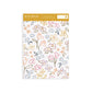 Wallpaper sample of flowers in coral, green, yellow, blue and pink in a crayon drawn style.
