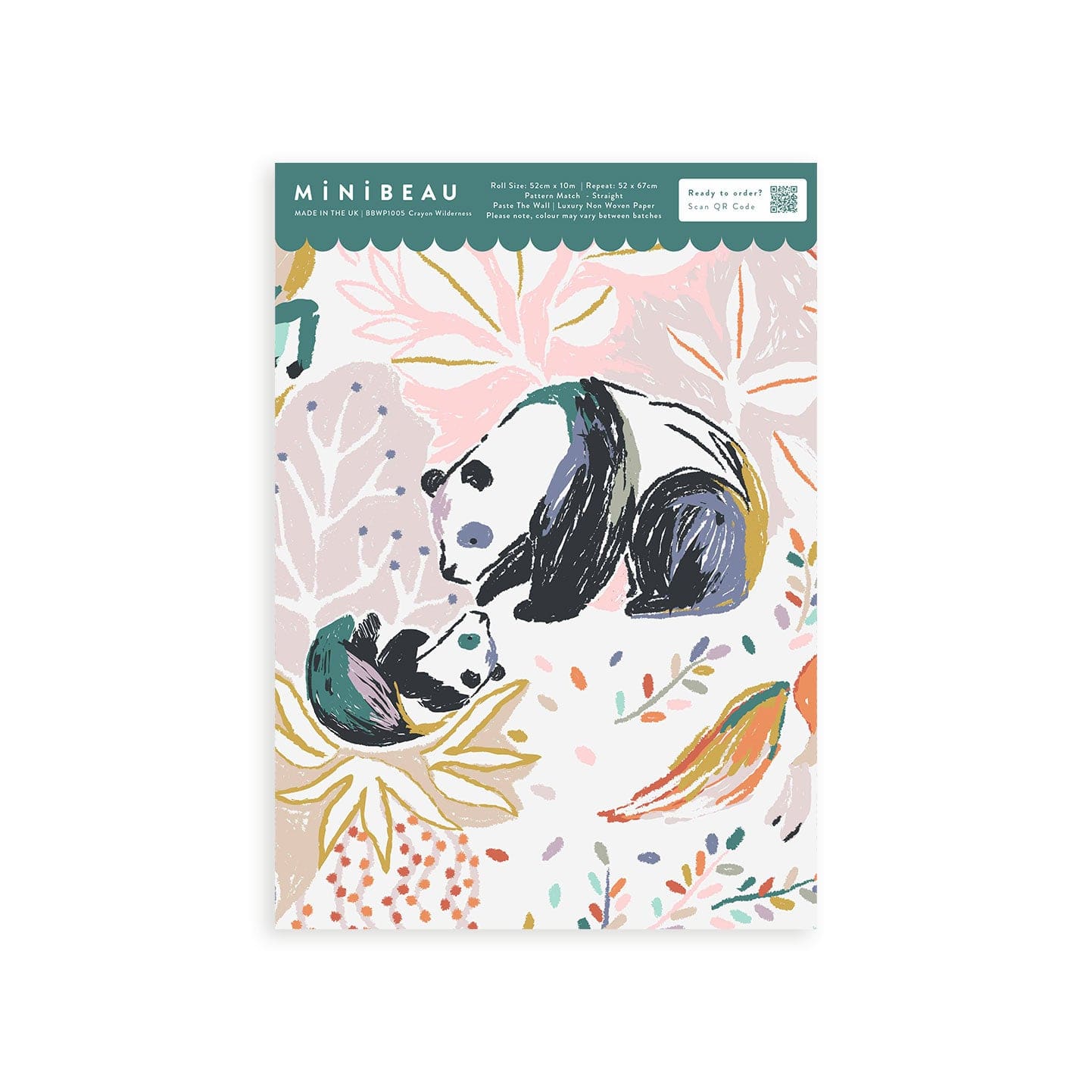 Wallpaper sample of a mummy panda and baby panda, a leaping deer, a fox, swan, racoon, rabbit with floral artwork surrounding. 