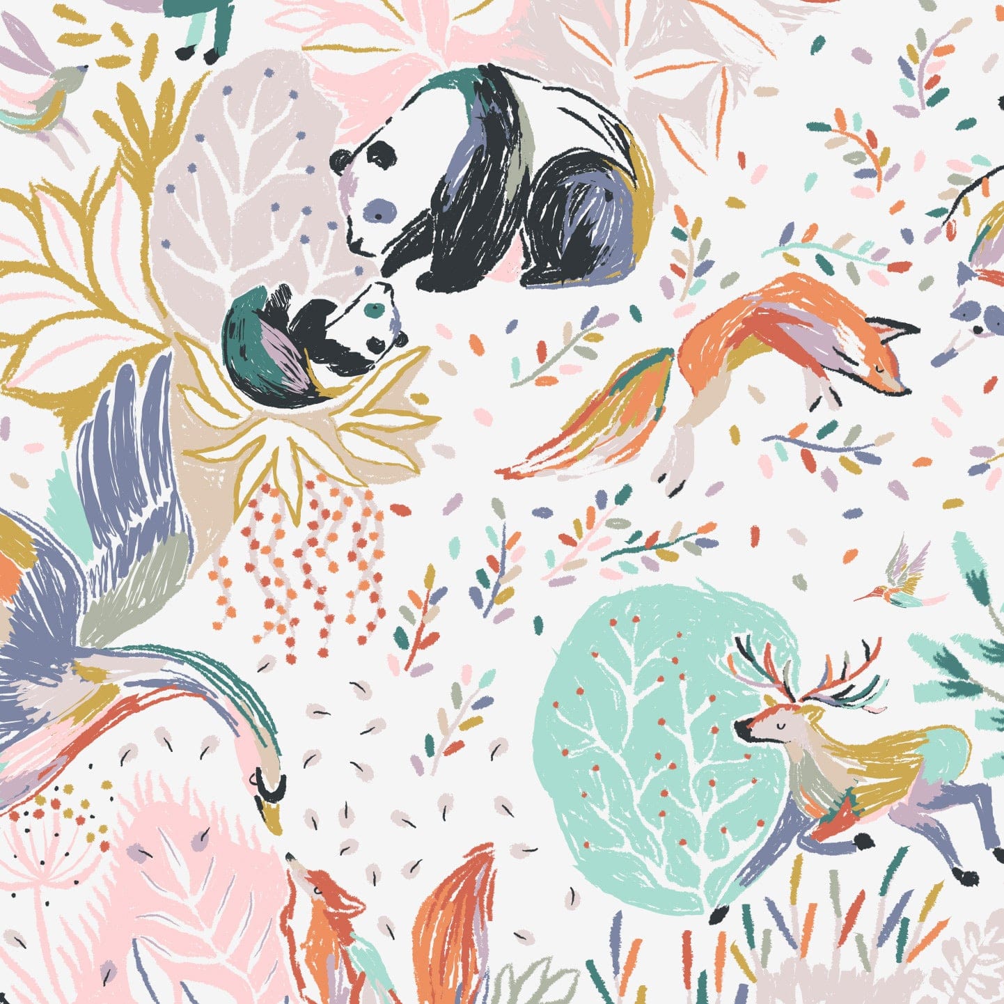 Wallpaper sample of a mummy panda and baby panda, a leaping deer, a fox, swan, racoon, rabbit with floral artwork surrounding. 