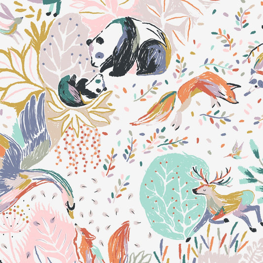 Wallpaper sample of a mummy panda and baby panda, a leaping deer, a fox, swan, racoon, rabbit with floral artwork surrounding. 