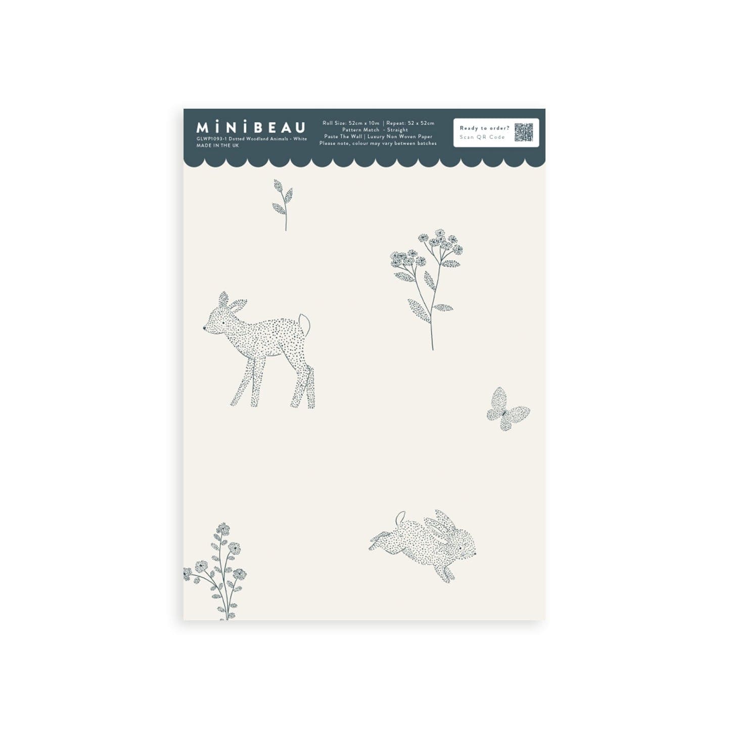 Wallpaper sample of a deer, hedgehog, mouse, butterfly and flowers all in dot work. Cream background. 