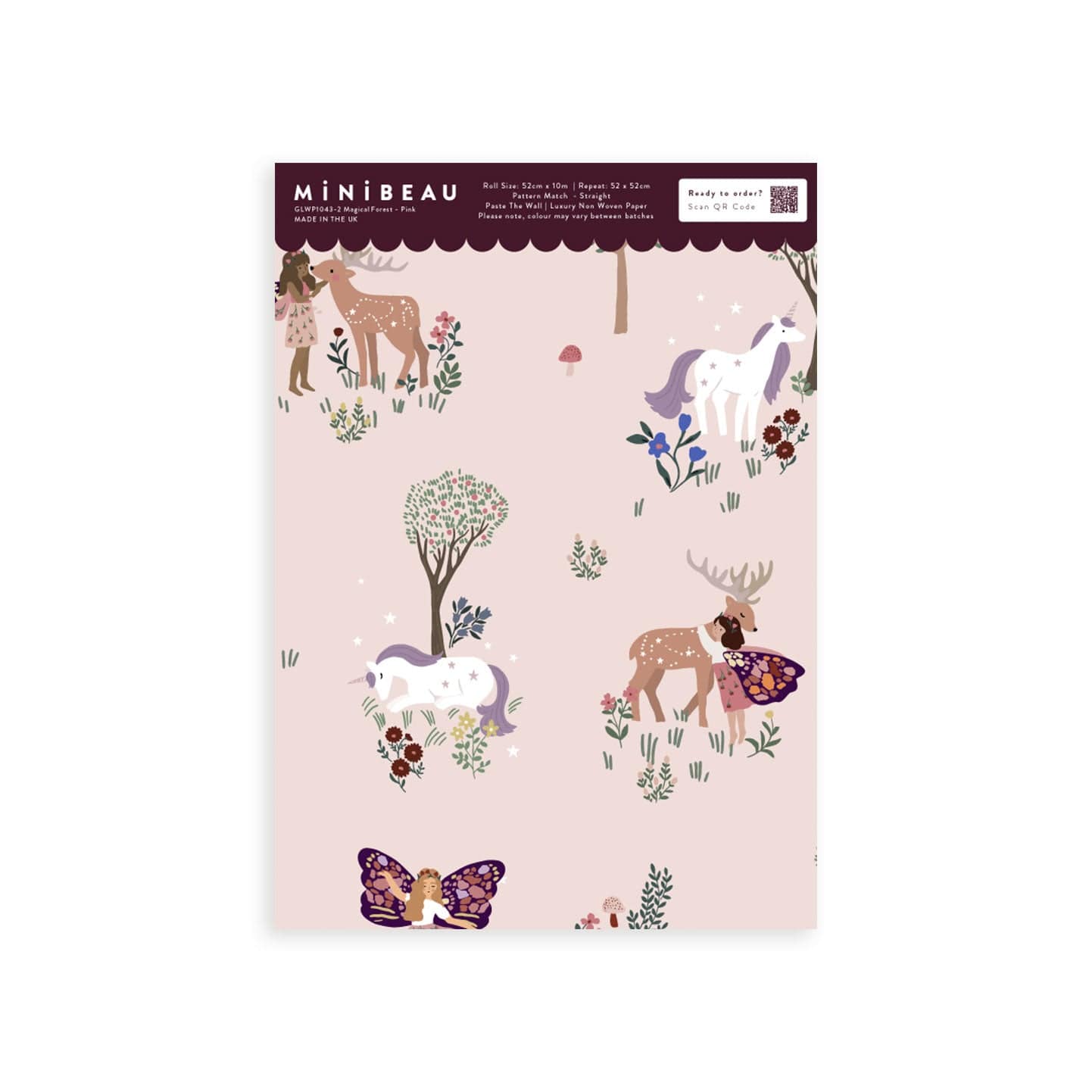 Wallpaper sample of a magical forest with white and purple unicorns, red and white toadstools, brown deers and delicate fairies. Flowers and trees with a pink background.