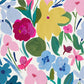 Wallpaper sample of large flowers in yellow, pink, blue and fuchsia with green stalks and leaves.