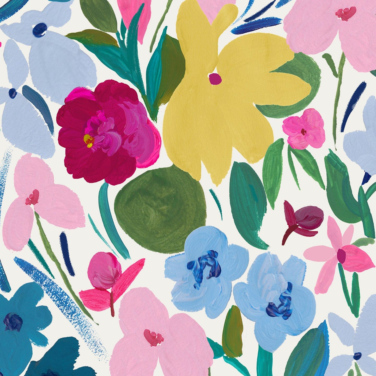 Wallpaper sample of large flowers in yellow, pink, blue and fuchsia with green stalks and leaves.