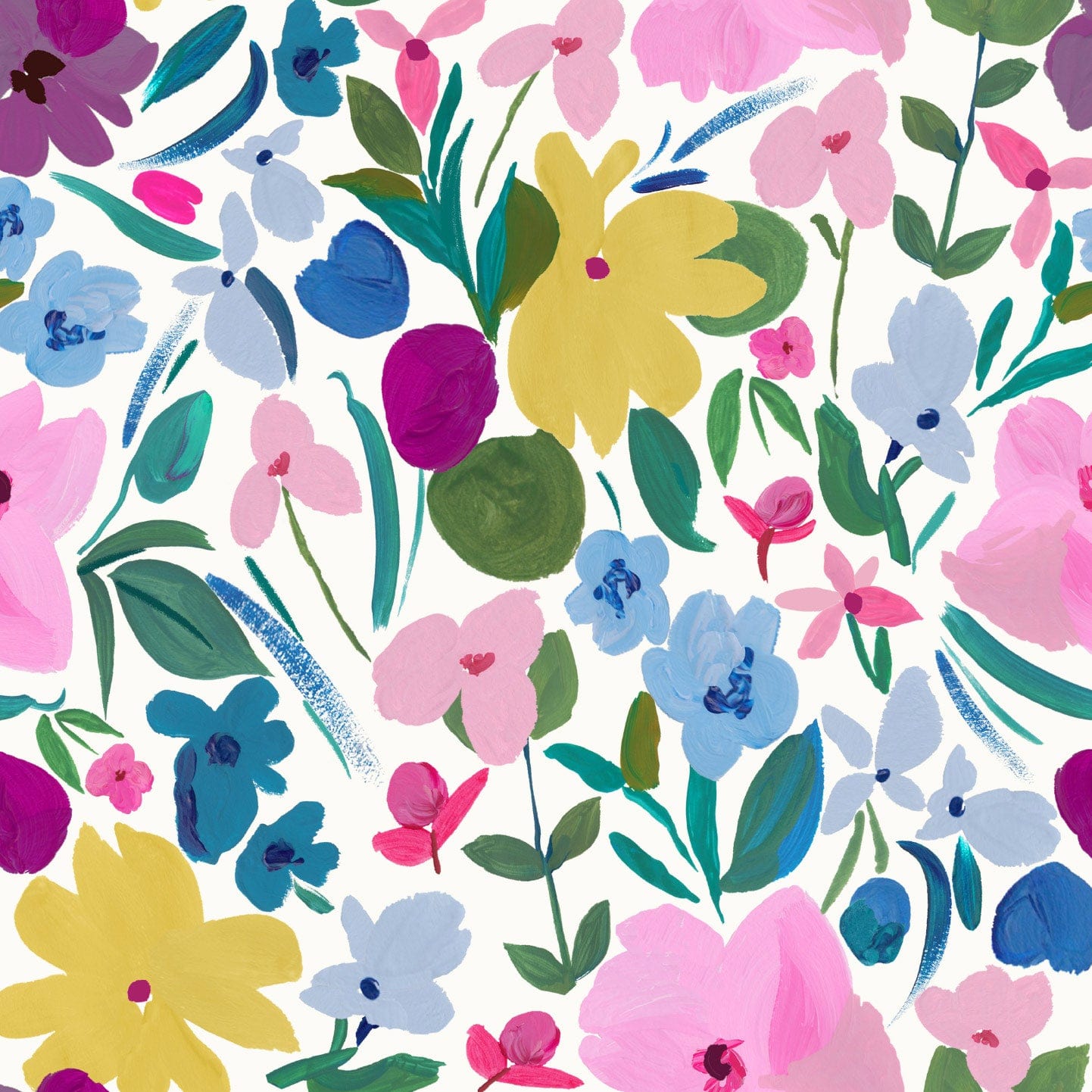 Wallpaper sample of  flowers in yellow, pink, blue and fuchsia with green stalks and leaves.