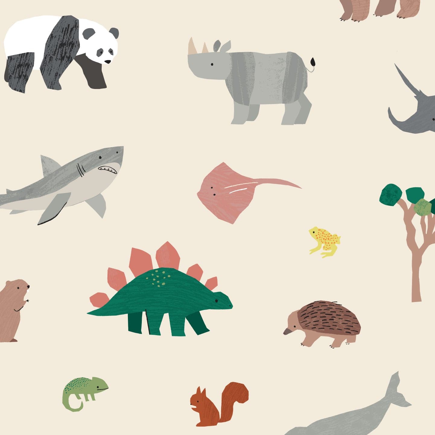 Wallpaper sample of multiple animals such as Pandas, Rhinos, Sharks, Dinosaurs, Squirrels, Frogs, Manta rays, Bears, Chameleons and trees with a cream background. 