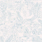 Wallpaper sample of very detailed floral print with swans gliding across a lake, flowers and leaves surround them. The print is line work and is all in blue