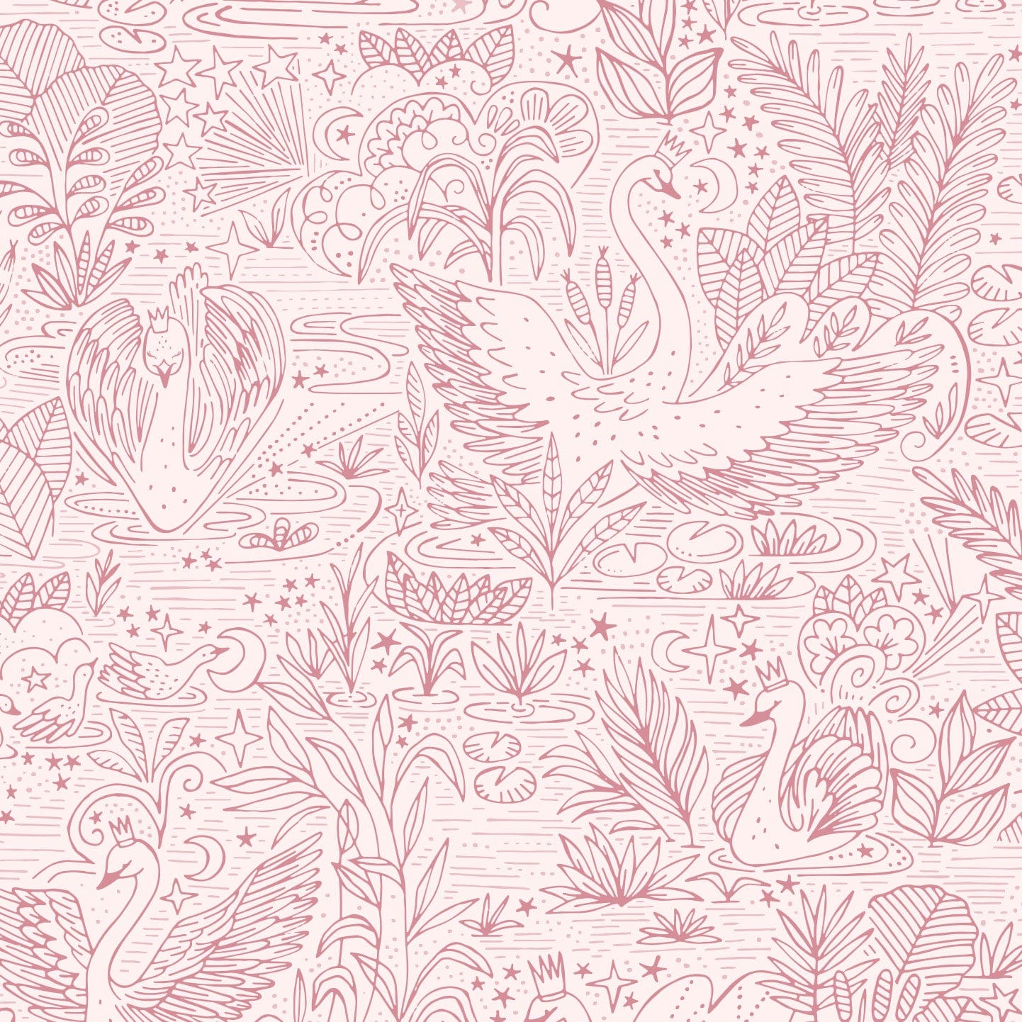 Wallpaper sample of very detailed floral print with swans gliding across a lake, flowers and leaves surround them. The print is line work and is all in pink