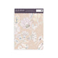 Wallpaper sample with a peach background and white animals such as storks and wolves with pretty floral patterns. 
