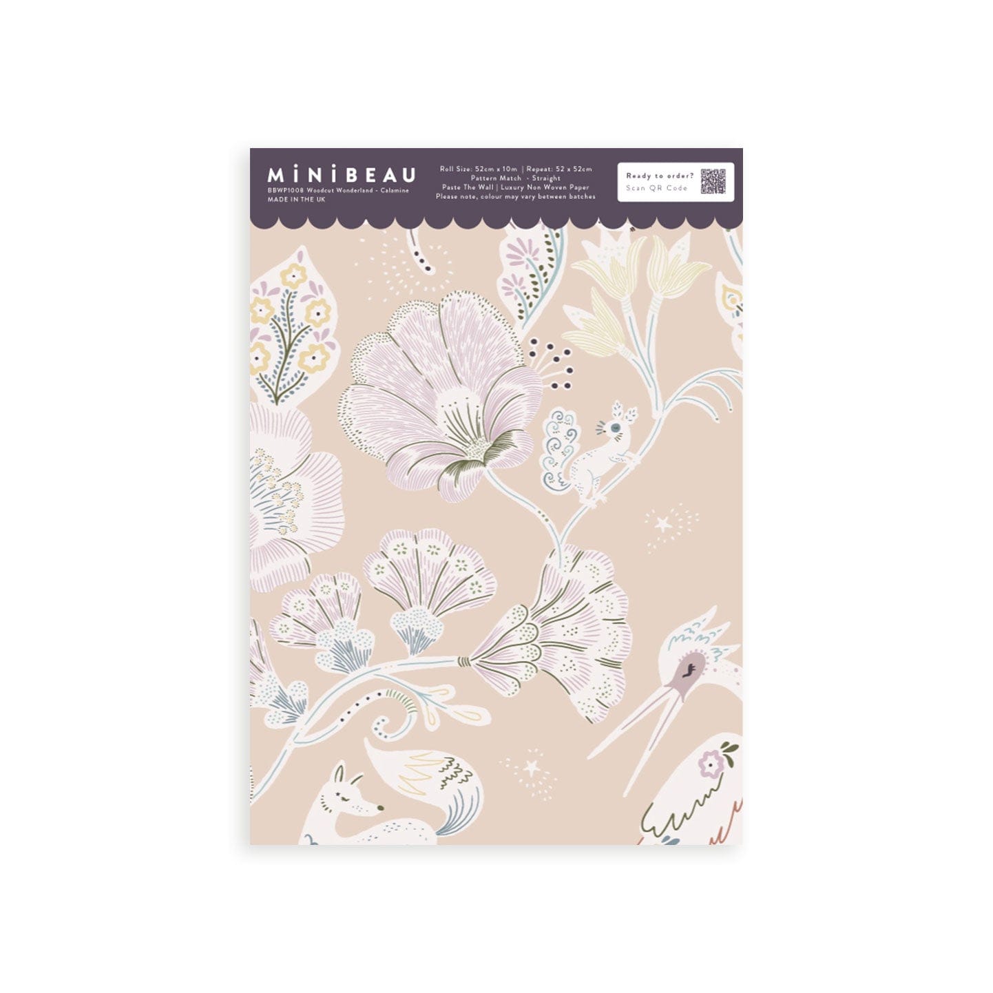 Wallpaper sample with a peach background and white animals such as storks and wolves with pretty floral patterns. 