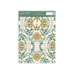 Wallpaper sample of green leaves with gold flowers and cream background. 